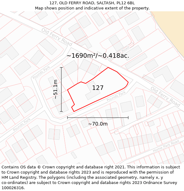 127, OLD FERRY ROAD, SALTASH, PL12 6BL: Plot and title map