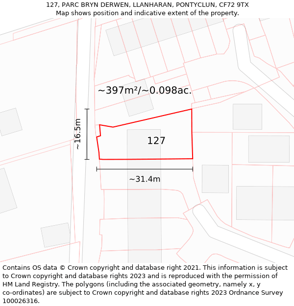 127, PARC BRYN DERWEN, LLANHARAN, PONTYCLUN, CF72 9TX: Plot and title map