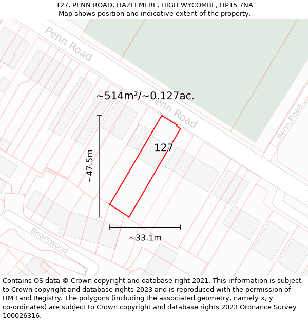 127, PENN ROAD, HAZLEMERE, HIGH WYCOMBE, HP15 7NA: Plot and title map