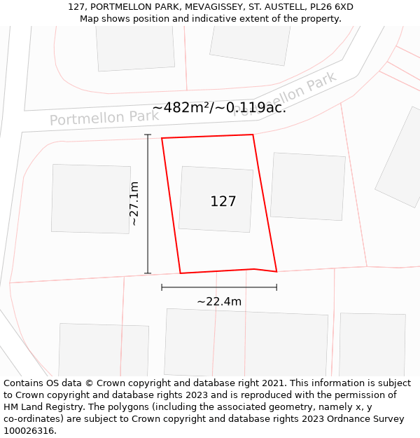 127, PORTMELLON PARK, MEVAGISSEY, ST. AUSTELL, PL26 6XD: Plot and title map