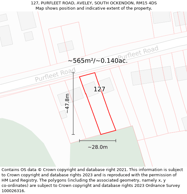 127, PURFLEET ROAD, AVELEY, SOUTH OCKENDON, RM15 4DS: Plot and title map