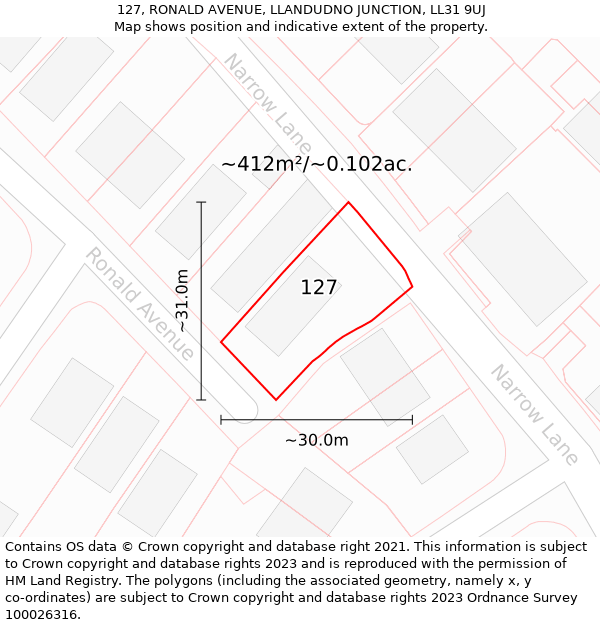 127, RONALD AVENUE, LLANDUDNO JUNCTION, LL31 9UJ: Plot and title map