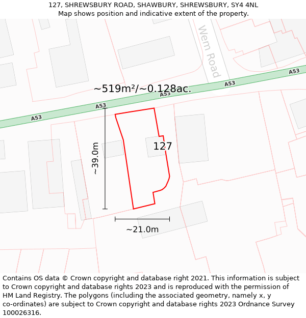 127, SHREWSBURY ROAD, SHAWBURY, SHREWSBURY, SY4 4NL: Plot and title map