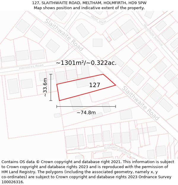 127, SLAITHWAITE ROAD, MELTHAM, HOLMFIRTH, HD9 5PW: Plot and title map