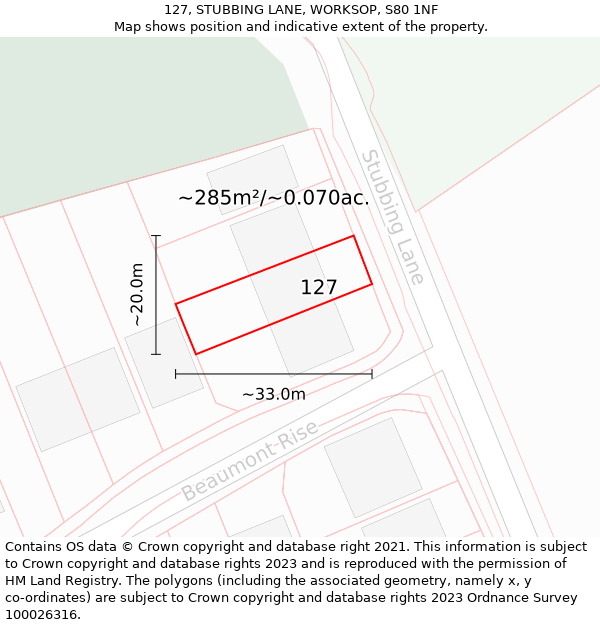 127, STUBBING LANE, WORKSOP, S80 1NF: Plot and title map