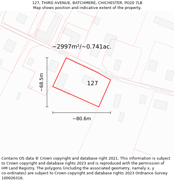 127, THIRD AVENUE, BATCHMERE, CHICHESTER, PO20 7LB: Plot and title map