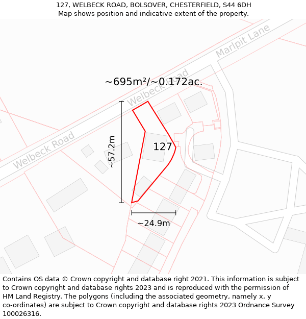 127, WELBECK ROAD, BOLSOVER, CHESTERFIELD, S44 6DH: Plot and title map