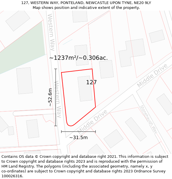 127, WESTERN WAY, PONTELAND, NEWCASTLE UPON TYNE, NE20 9LY: Plot and title map