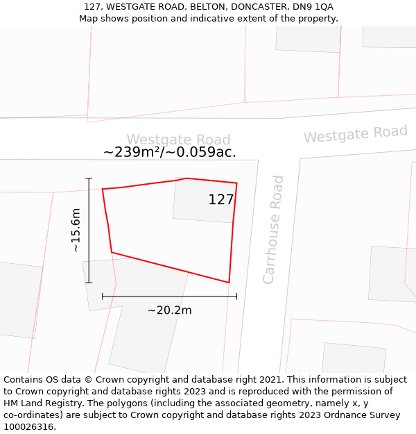 127, WESTGATE ROAD, BELTON, DONCASTER, DN9 1QA: Plot and title map