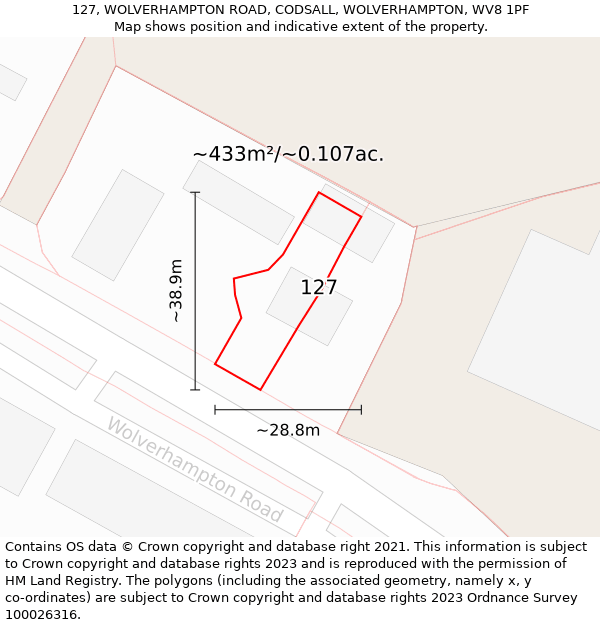 127, WOLVERHAMPTON ROAD, CODSALL, WOLVERHAMPTON, WV8 1PF: Plot and title map