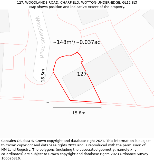 127, WOODLANDS ROAD, CHARFIELD, WOTTON-UNDER-EDGE, GL12 8LT: Plot and title map