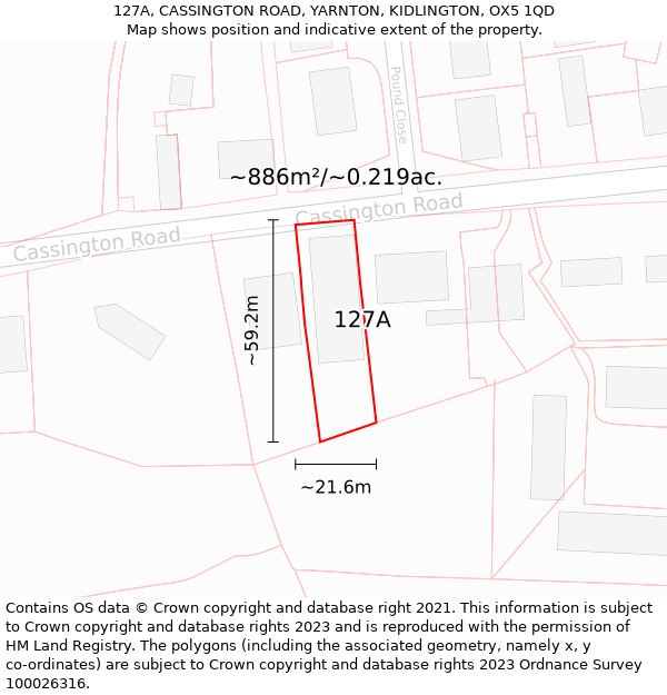 127A, CASSINGTON ROAD, YARNTON, KIDLINGTON, OX5 1QD: Plot and title map