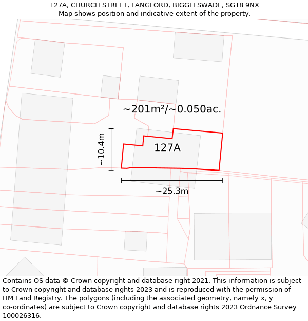 127A, CHURCH STREET, LANGFORD, BIGGLESWADE, SG18 9NX: Plot and title map