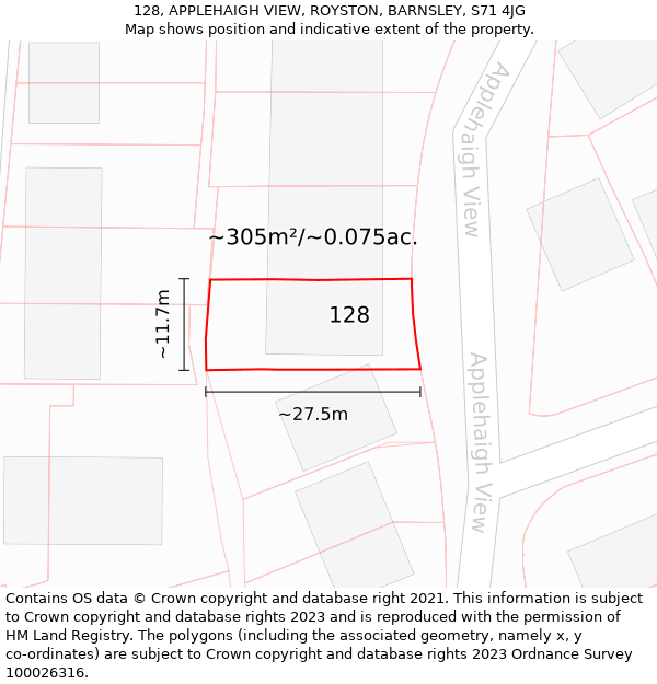 128, APPLEHAIGH VIEW, ROYSTON, BARNSLEY, S71 4JG: Plot and title map