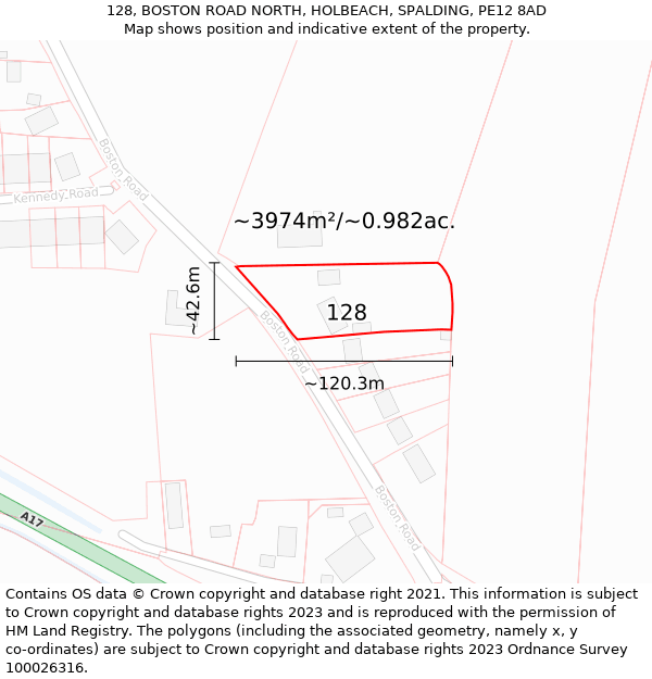 128, BOSTON ROAD NORTH, HOLBEACH, SPALDING, PE12 8AD: Plot and title map