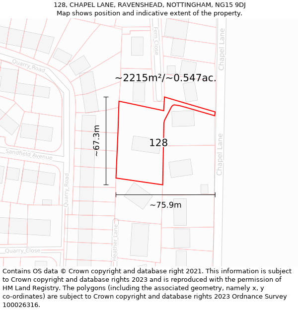 128, CHAPEL LANE, RAVENSHEAD, NOTTINGHAM, NG15 9DJ: Plot and title map