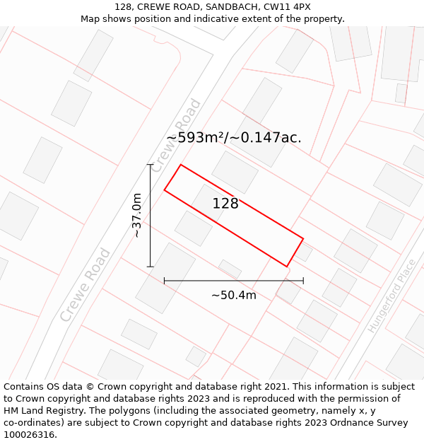 128, CREWE ROAD, SANDBACH, CW11 4PX: Plot and title map