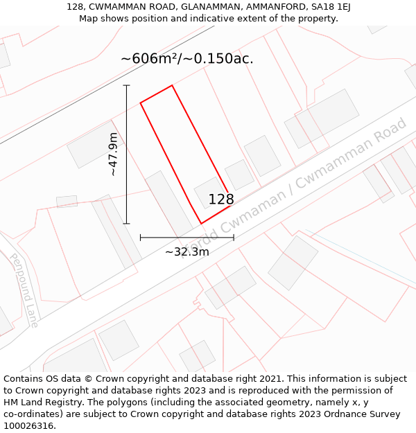 128, CWMAMMAN ROAD, GLANAMMAN, AMMANFORD, SA18 1EJ: Plot and title map