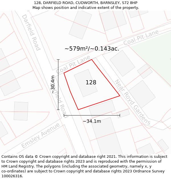 128, DARFIELD ROAD, CUDWORTH, BARNSLEY, S72 8HP: Plot and title map