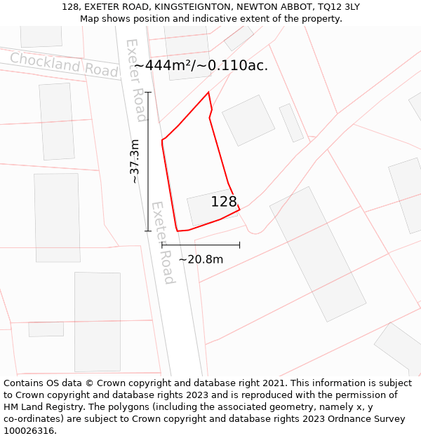 128, EXETER ROAD, KINGSTEIGNTON, NEWTON ABBOT, TQ12 3LY: Plot and title map