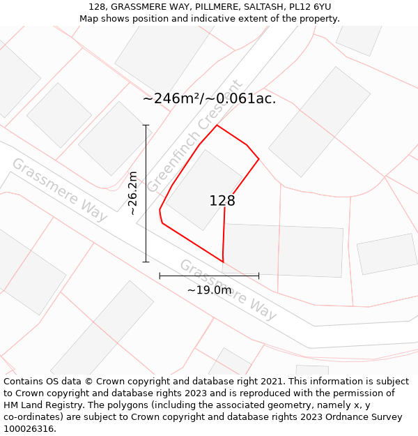 128, GRASSMERE WAY, PILLMERE, SALTASH, PL12 6YU: Plot and title map