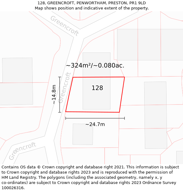 128, GREENCROFT, PENWORTHAM, PRESTON, PR1 9LD: Plot and title map