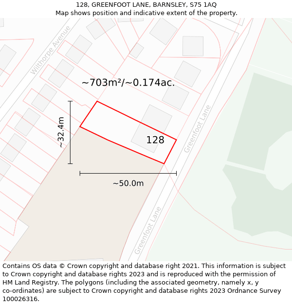 128, GREENFOOT LANE, BARNSLEY, S75 1AQ: Plot and title map