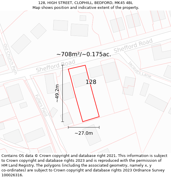 128, HIGH STREET, CLOPHILL, BEDFORD, MK45 4BL: Plot and title map