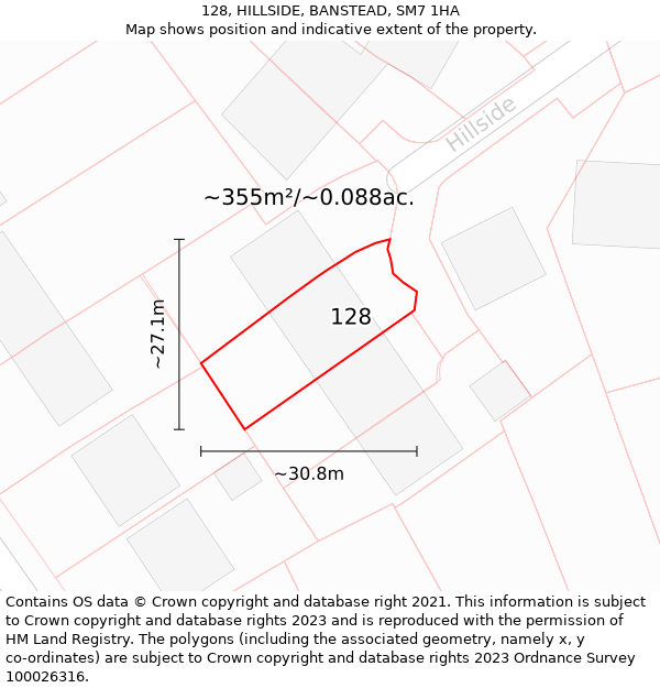 128, HILLSIDE, BANSTEAD, SM7 1HA: Plot and title map