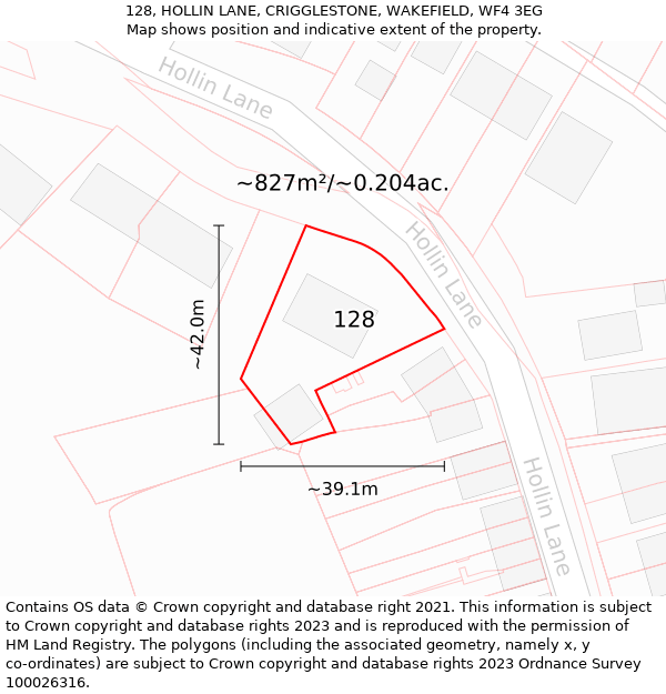 128, HOLLIN LANE, CRIGGLESTONE, WAKEFIELD, WF4 3EG: Plot and title map