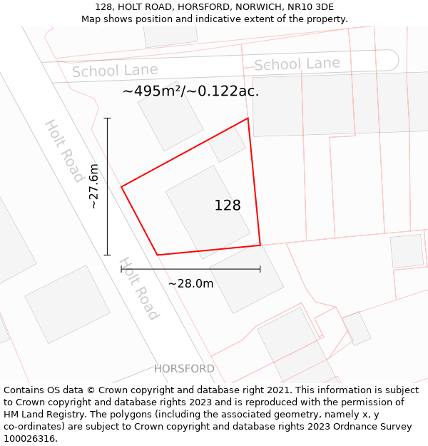 128, HOLT ROAD, HORSFORD, NORWICH, NR10 3DE: Plot and title map