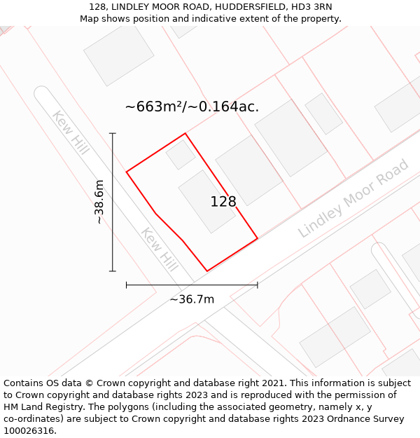 128, LINDLEY MOOR ROAD, HUDDERSFIELD, HD3 3RN: Plot and title map