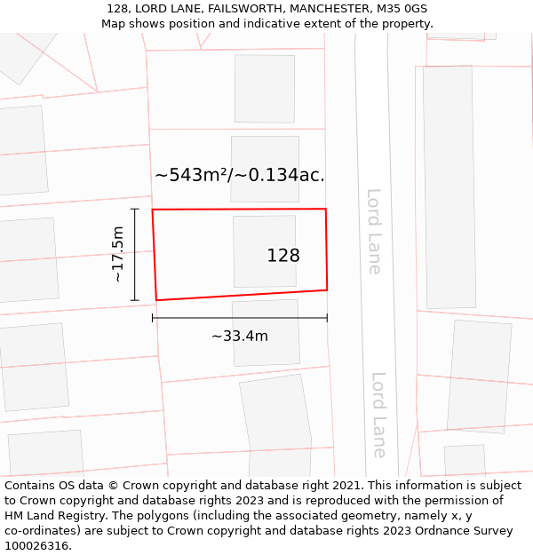 128, LORD LANE, FAILSWORTH, MANCHESTER, M35 0GS: Plot and title map