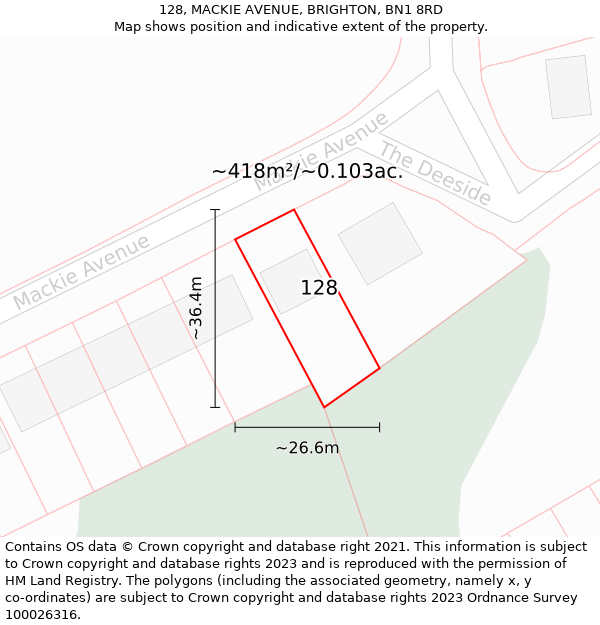 128, MACKIE AVENUE, BRIGHTON, BN1 8RD: Plot and title map