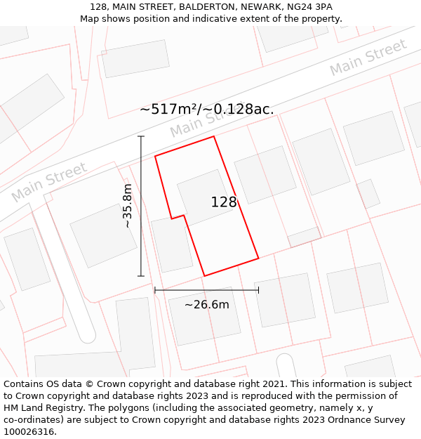 128, MAIN STREET, BALDERTON, NEWARK, NG24 3PA: Plot and title map