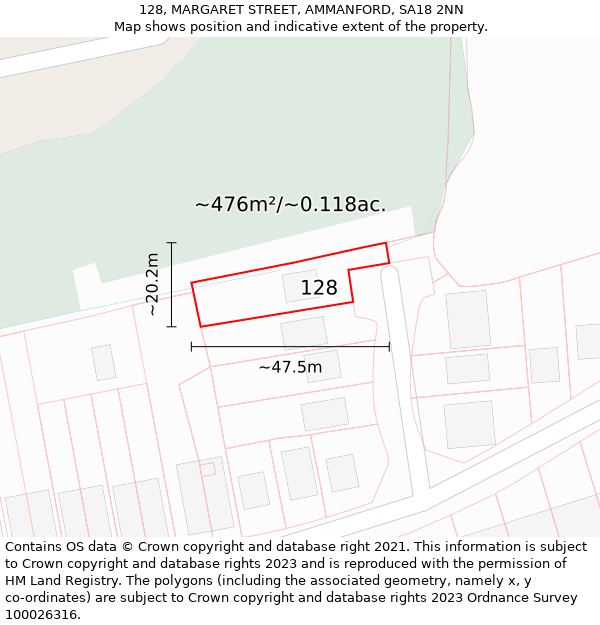 128, MARGARET STREET, AMMANFORD, SA18 2NN: Plot and title map