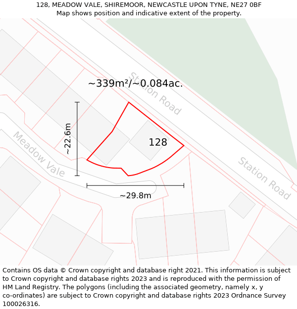 128, MEADOW VALE, SHIREMOOR, NEWCASTLE UPON TYNE, NE27 0BF: Plot and title map