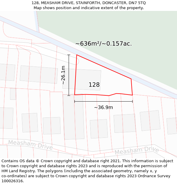 128, MEASHAM DRIVE, STAINFORTH, DONCASTER, DN7 5TQ: Plot and title map