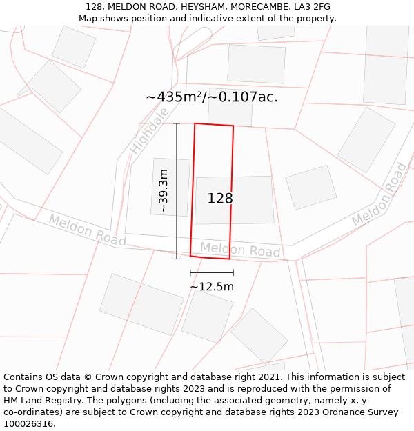 128, MELDON ROAD, HEYSHAM, MORECAMBE, LA3 2FG: Plot and title map