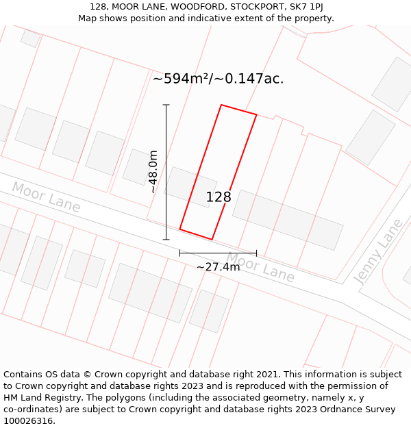 128, MOOR LANE, WOODFORD, STOCKPORT, SK7 1PJ: Plot and title map