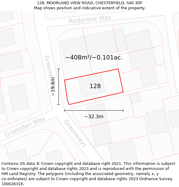 128, MOORLAND VIEW ROAD, CHESTERFIELD, S40 3DF: Plot and title map