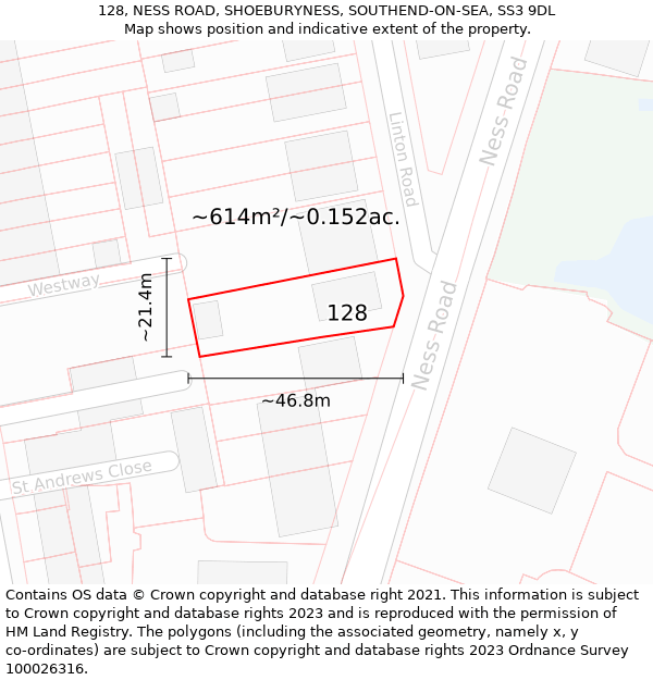 128, NESS ROAD, SHOEBURYNESS, SOUTHEND-ON-SEA, SS3 9DL: Plot and title map