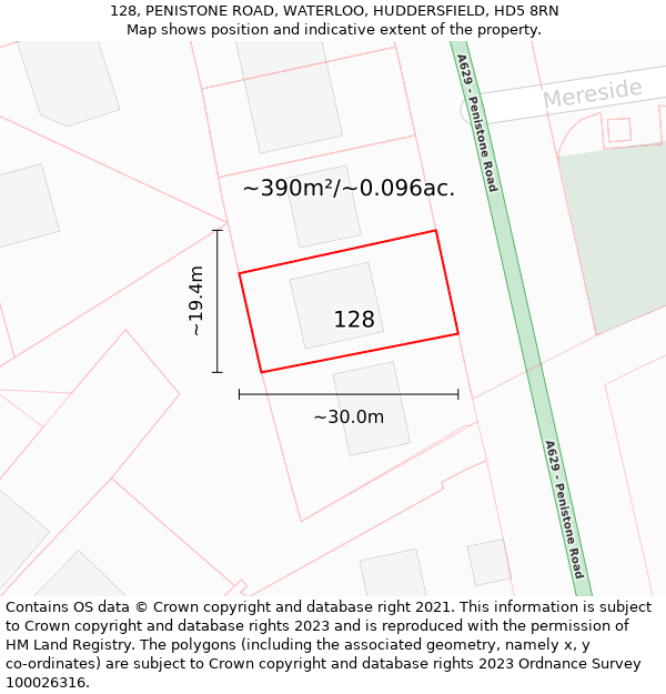 128, PENISTONE ROAD, WATERLOO, HUDDERSFIELD, HD5 8RN: Plot and title map