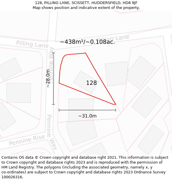 128, PILLING LANE, SCISSETT, HUDDERSFIELD, HD8 9JF: Plot and title map