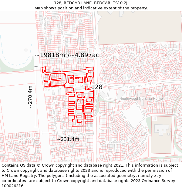 128, REDCAR LANE, REDCAR, TS10 2JJ: Plot and title map