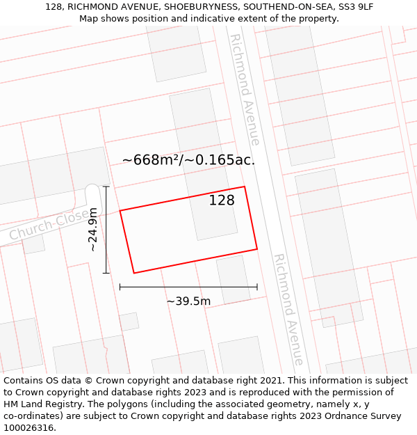 128, RICHMOND AVENUE, SHOEBURYNESS, SOUTHEND-ON-SEA, SS3 9LF: Plot and title map