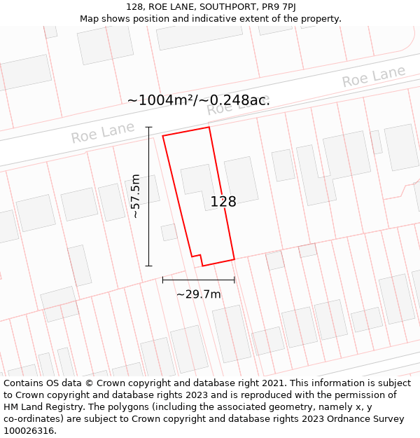 128, ROE LANE, SOUTHPORT, PR9 7PJ: Plot and title map