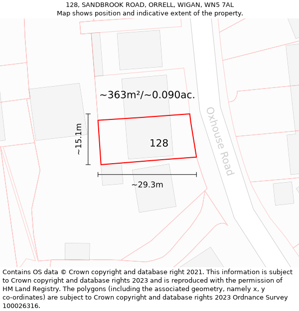 128, SANDBROOK ROAD, ORRELL, WIGAN, WN5 7AL: Plot and title map