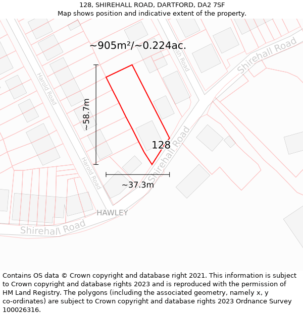 128, SHIREHALL ROAD, DARTFORD, DA2 7SF: Plot and title map