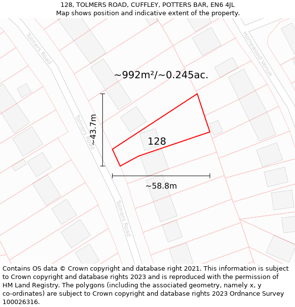 128, TOLMERS ROAD, CUFFLEY, POTTERS BAR, EN6 4JL: Plot and title map